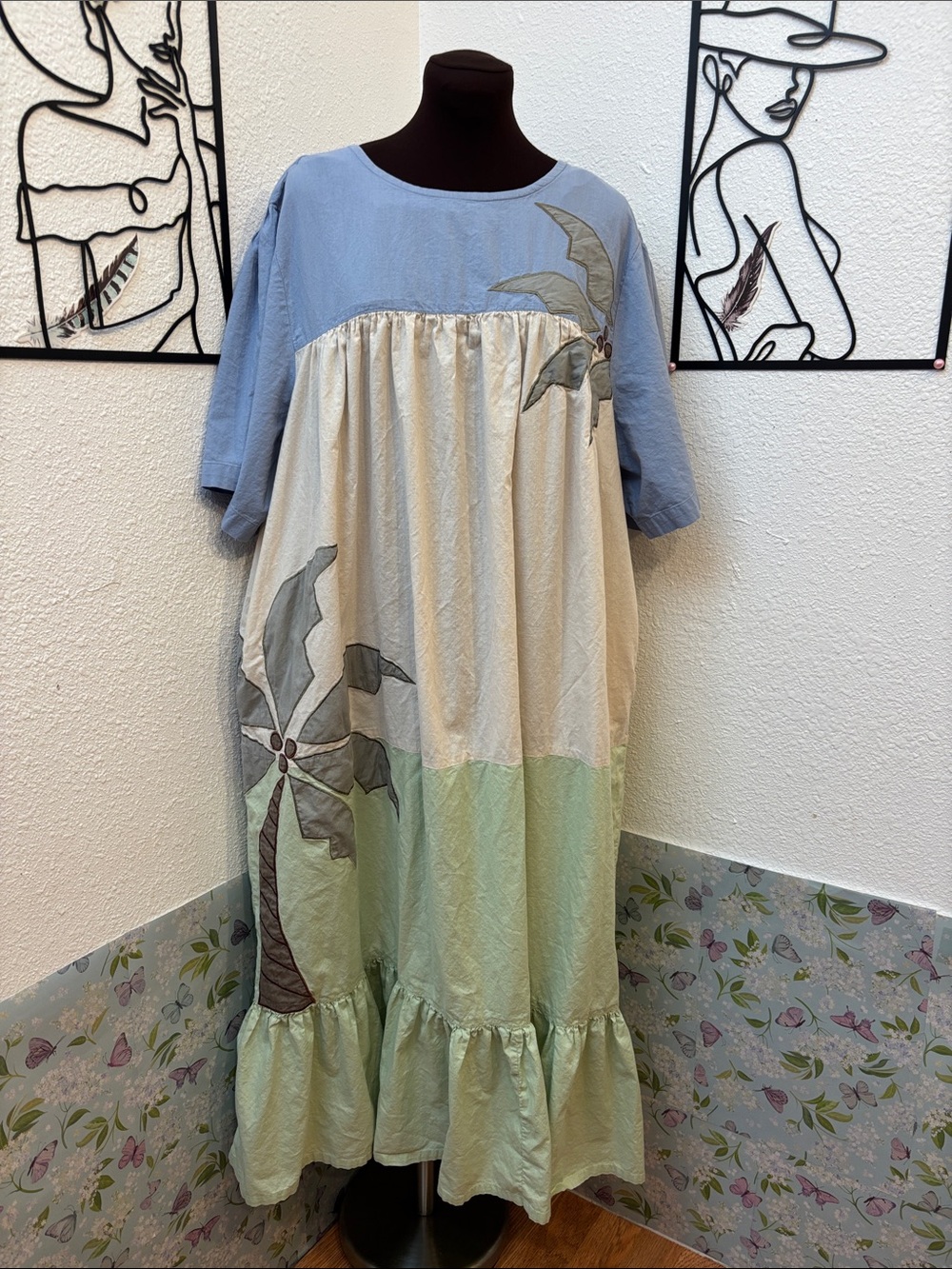 Blair Blue, Cream and Mint Palm-Print Midi Dress